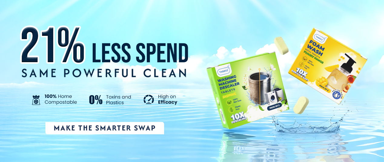 Cleaning product packaging with text highlighting eco-friendly benefits on a blue background