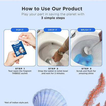 Step-by-step guide on how to use Tabbsz toilet cleaner tablet — pop open the eco-friendly sachet, drop the tablet into the toilet bowl, wait for 2 minutes, then brush and flush for a sparkling clean toilet