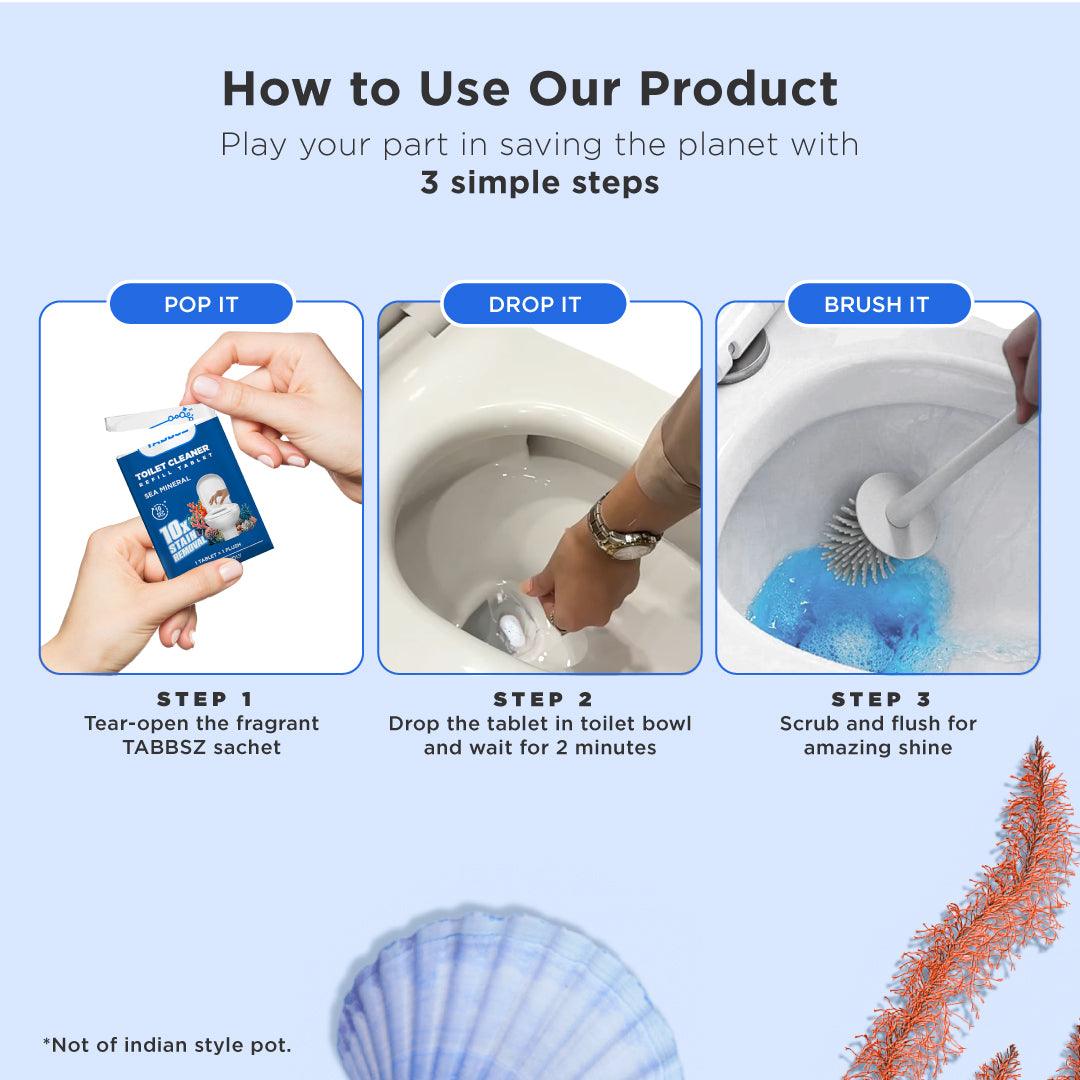 TABBSZ TOILET CLEANER , ASSORTED PACK, Tabbsz store, Assorted Packs, pack of 8, pack of 16, pack of 32, pack of 64, how to use, tabbsz, toilet cleaner, tablet, plastic free, nontoxic, child safe, pet safe, zero waste, easy toilet cleaning, India's first cleaning tablet, shipping globally, pop it, drop it, brush it, easy to use toilet cleaner, eco friendly toilet cleaner, planet saving cleaning tablets, affordable toilet cleaner, economical toilet cleaner, yellow stain remover toilet cleaner, polish protect
