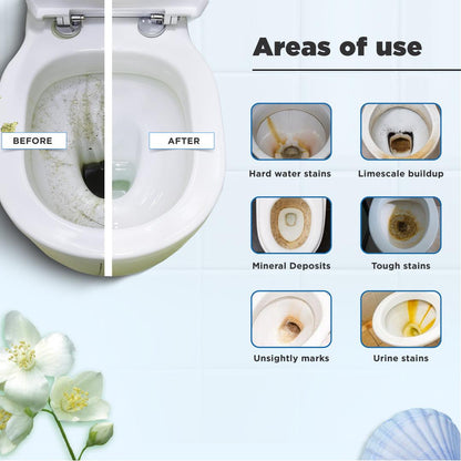 Before and after results of Tabbsz toilet cleaner tablet removing tough toilet stains, including hard water stains, limescale buildup, mineral deposits, urine stains, unsightly marks, and stubborn grime; effective eco-friendly toilet cleaning solution.